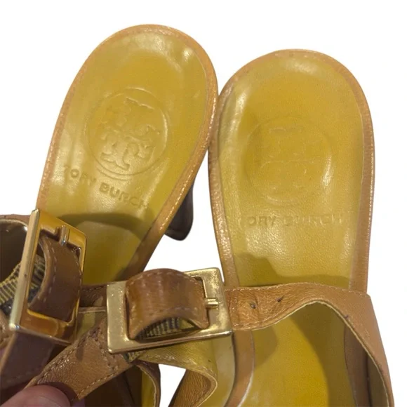 Tory Burch Tan Gold Peep-Toe Slingback Heels Size 7.5 - Picture 8 of 11